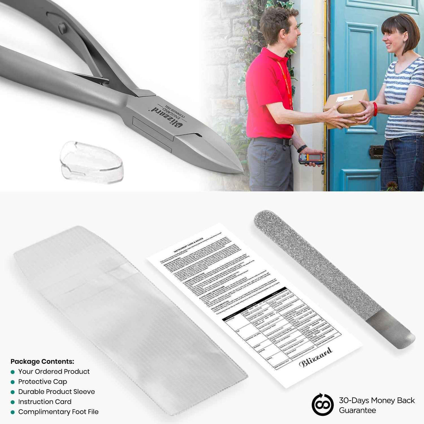 Blizzard® 14.5cm professional toenail clippers packaged with a protective case and bonus foot file for home or professional use