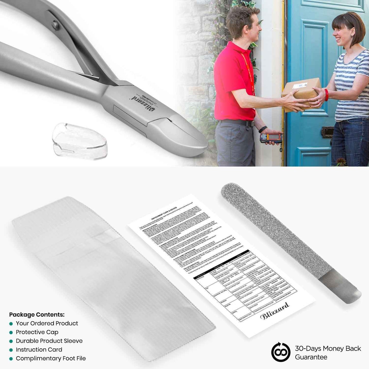 Blizzard® diabetic toenail clipper packaging with safety cap, instruction card, and foot file