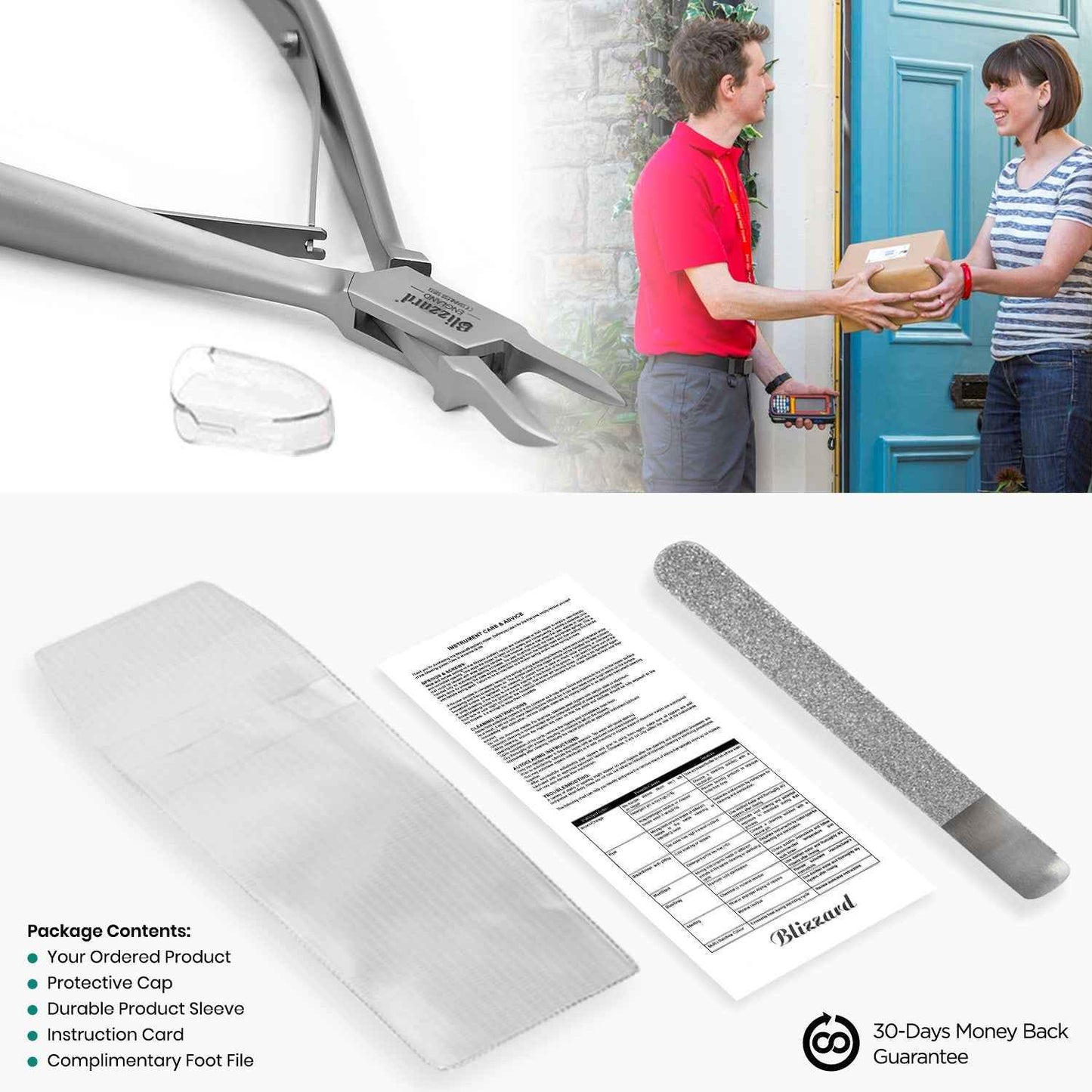 Blizzard® flame head ingrown toenail clipper packaging with safety cap, instruction card, and complimentary foot file