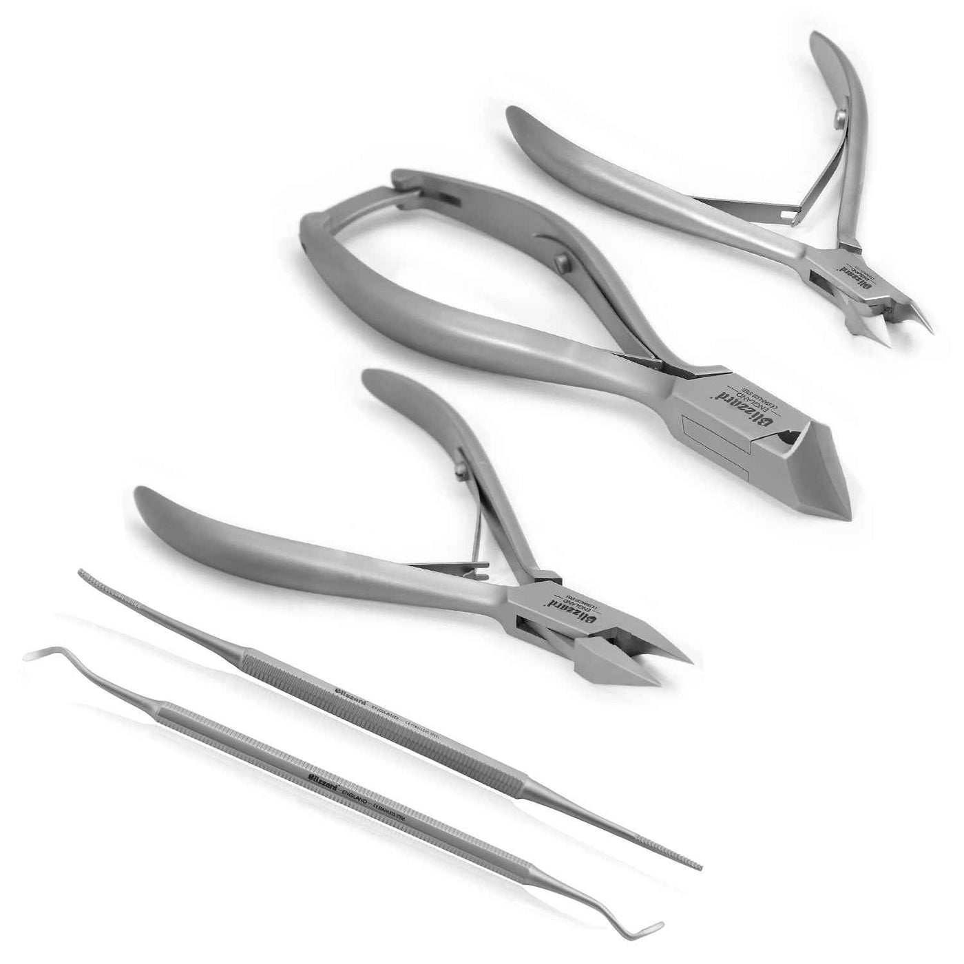 Blizzard® 5-Pcs Podiatry Instruments Set – professional stainless steel foot care kit for trimming thick nails, treating ingrown toenails, and maintaining healthy feet