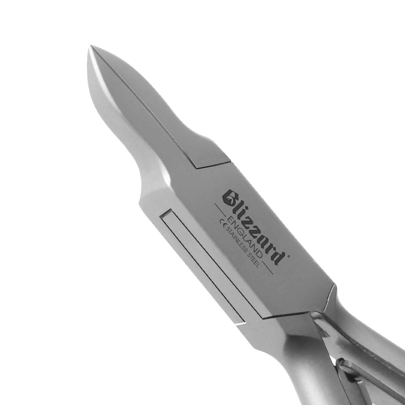 Close-up of Blizzard® flame head ingrown toenail clipper showing sharp stainless steel blades