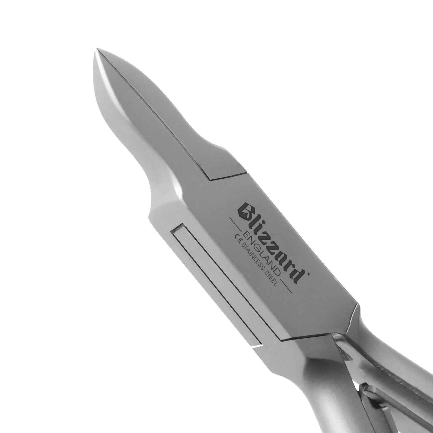 Close-up of Blizzard® flame head ingrown toenail clipper showing sharp stainless steel blades