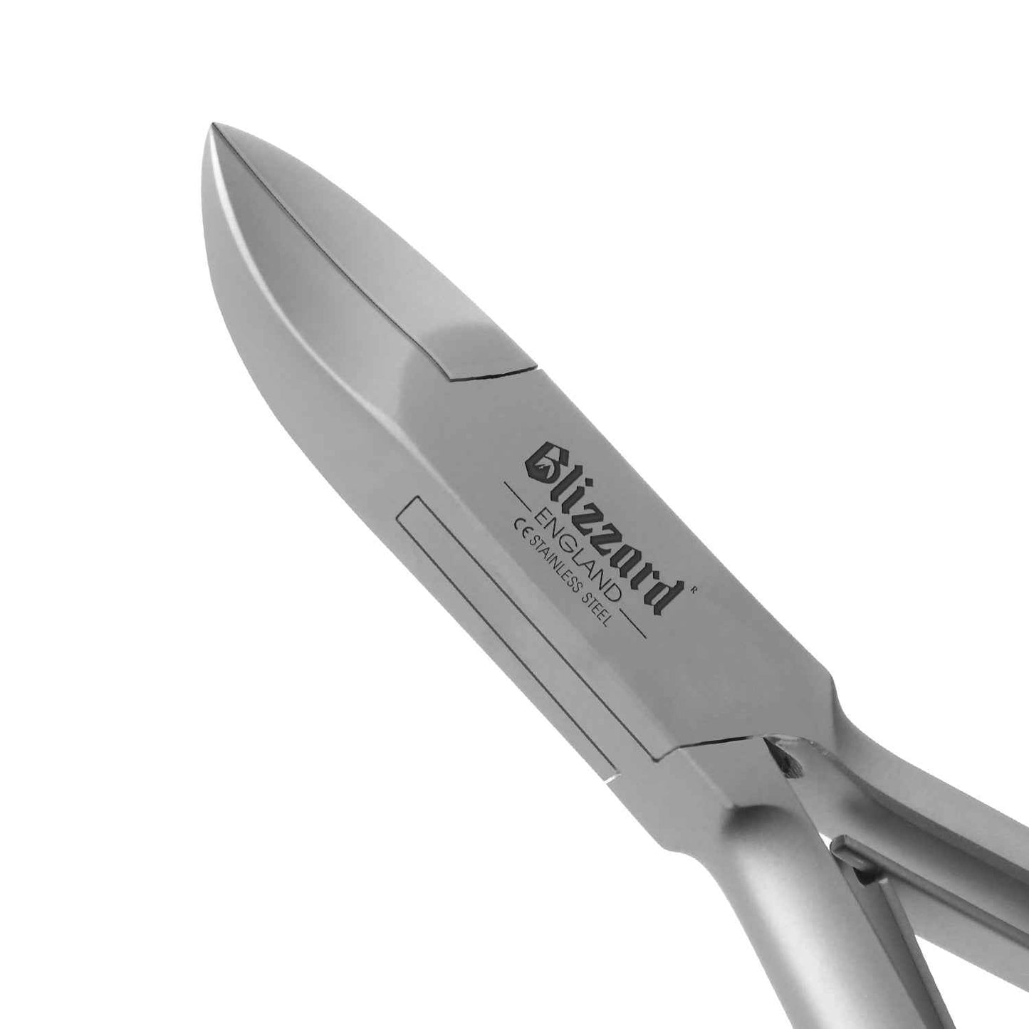 Close-up of Blizzard® concave head ingrown toenail clipper showing sharp stainless steel blades