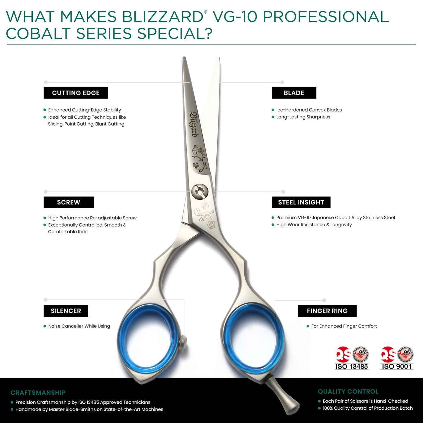 Features of Blizzard® professional barber shears – VG-10 Japanese steel, ergonomic grip, ultra-sharp convex edges