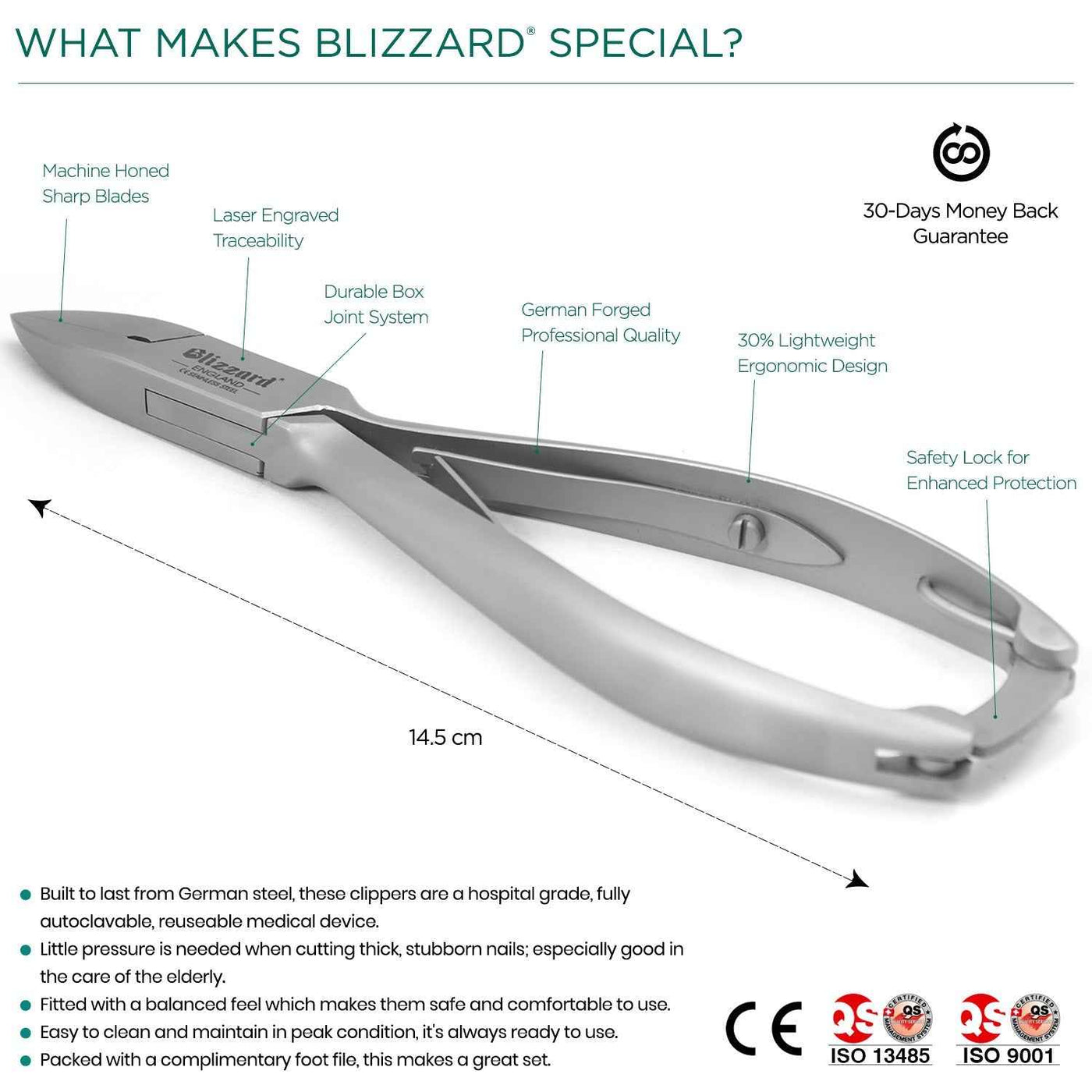 Key features of Blizzard® 14.5cm professional toenail clippers – premium German steel, ergonomic smooth handles, precise cutting for thick nails
