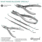 Key features of Blizzard® 5-piece podiatry tool set – reusable, autoclavable, ISO certified, includes nail nippers, nail lifter, and blacks file