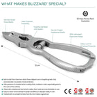 Key features of Blizzard® 12cm heavy duty toenail clippers – premium German steel, ergonomic design, barrel spring, clean and safe cutting for thick nails