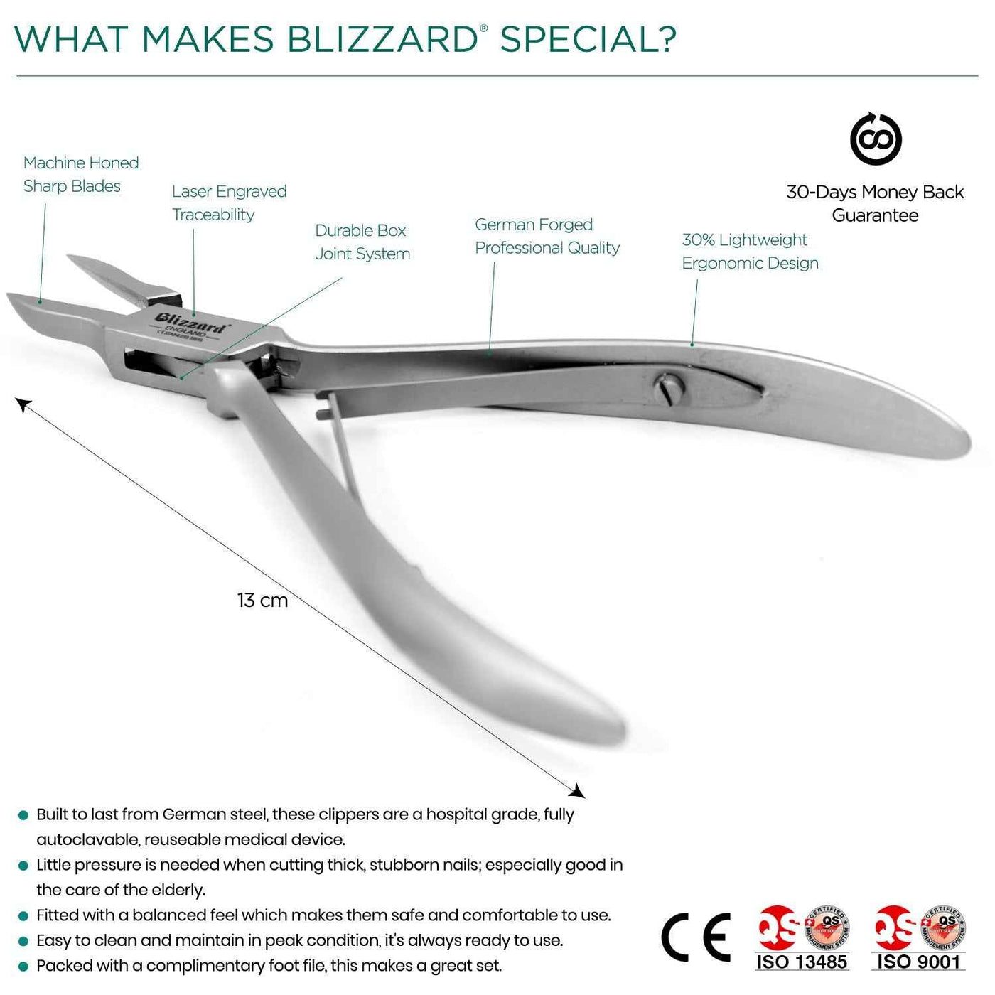 Key features of Blizzard® flame head ingrown toenail clippers – ergonomic grip, precision cutting, safety lock