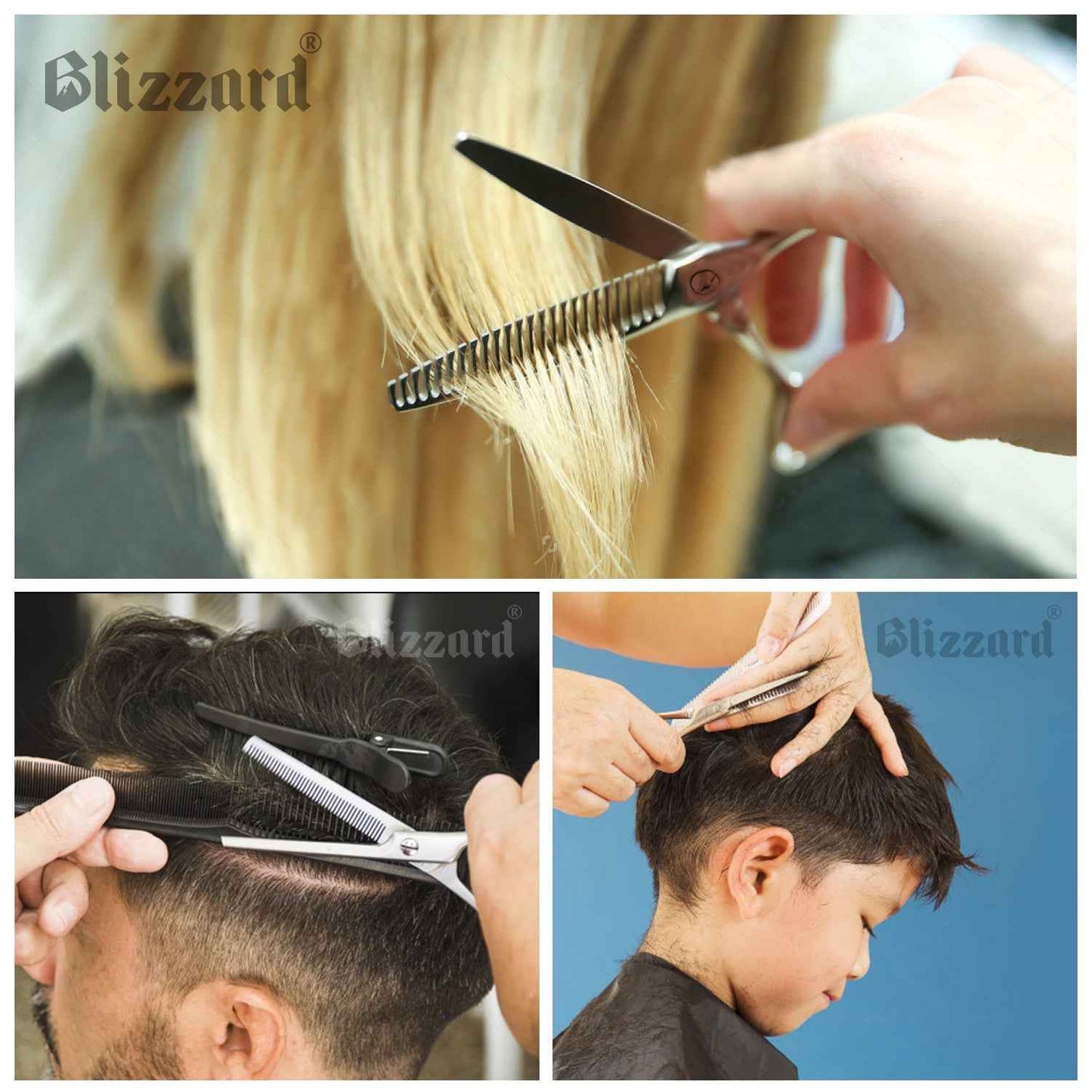Blizzard® professional barber thinning shears being used to texture and thin hair in salon