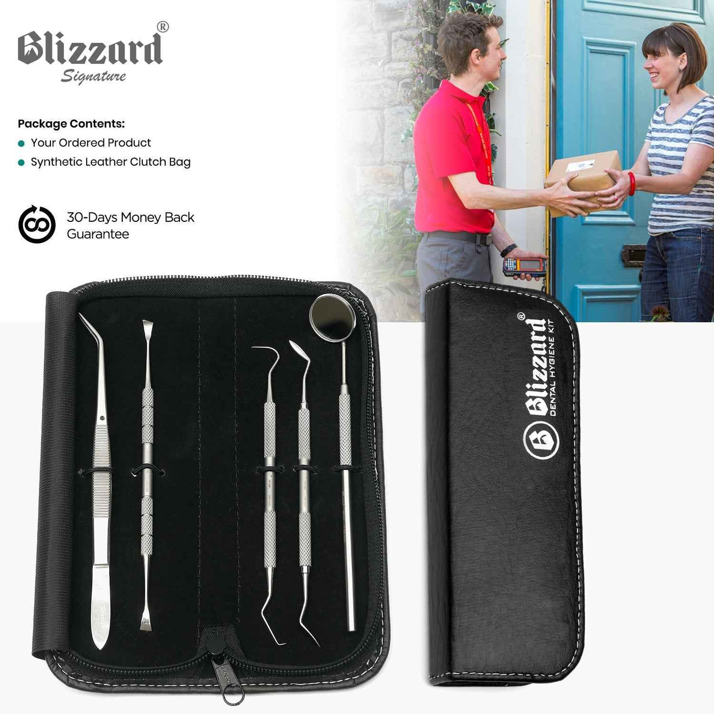 Blizzard® 5-Pcs dental kit packaging with synthetic leather clutch bag and instruction card